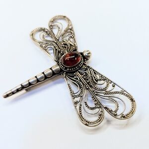 Sterling Silver Beaded Amber Dragonfly Brooch Vintage